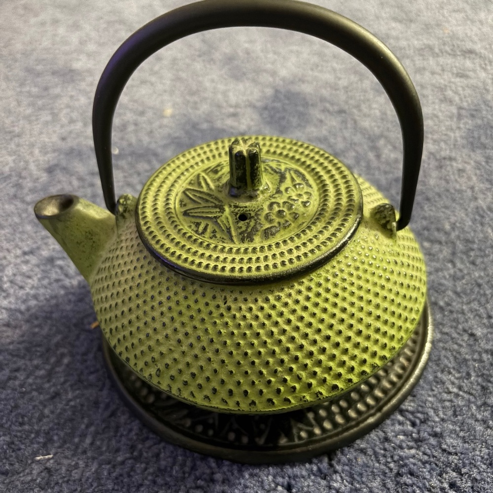 Japanese-style green cast iron teapot  Black Handle. Excellent Condition